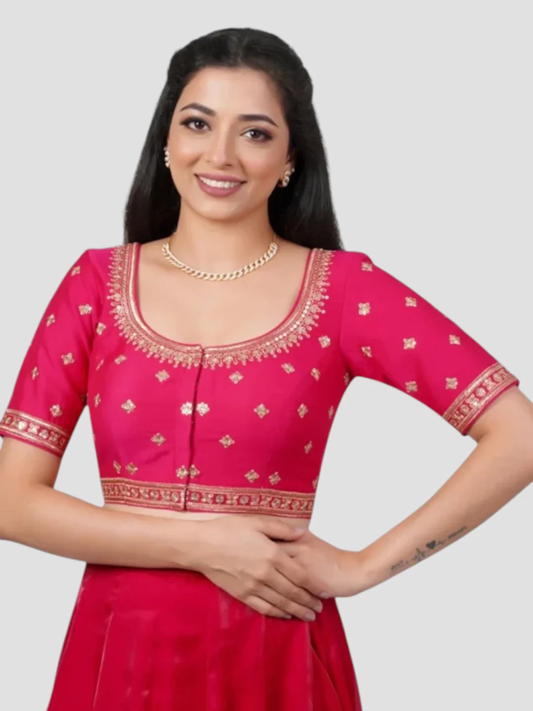 Rani Pink Silk Round Neck Half Sleeves Readymade Blouse