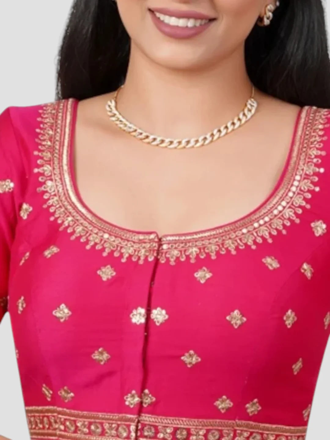 Rani Pink Silk Round Neck Half Sleeves Readymade Blouse