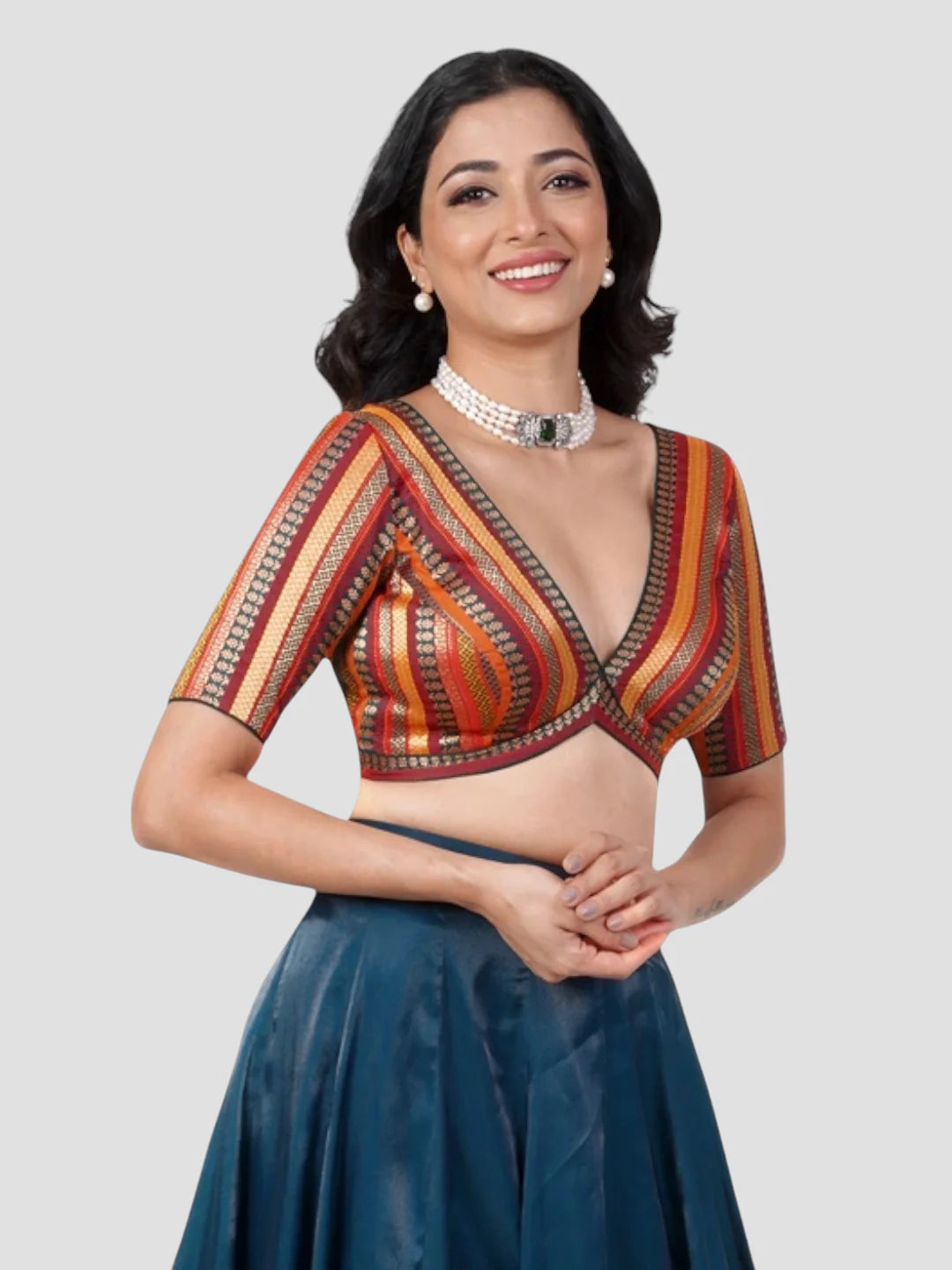 Multicolor Brocade V Neck Half Sleeves Readymade Blouse