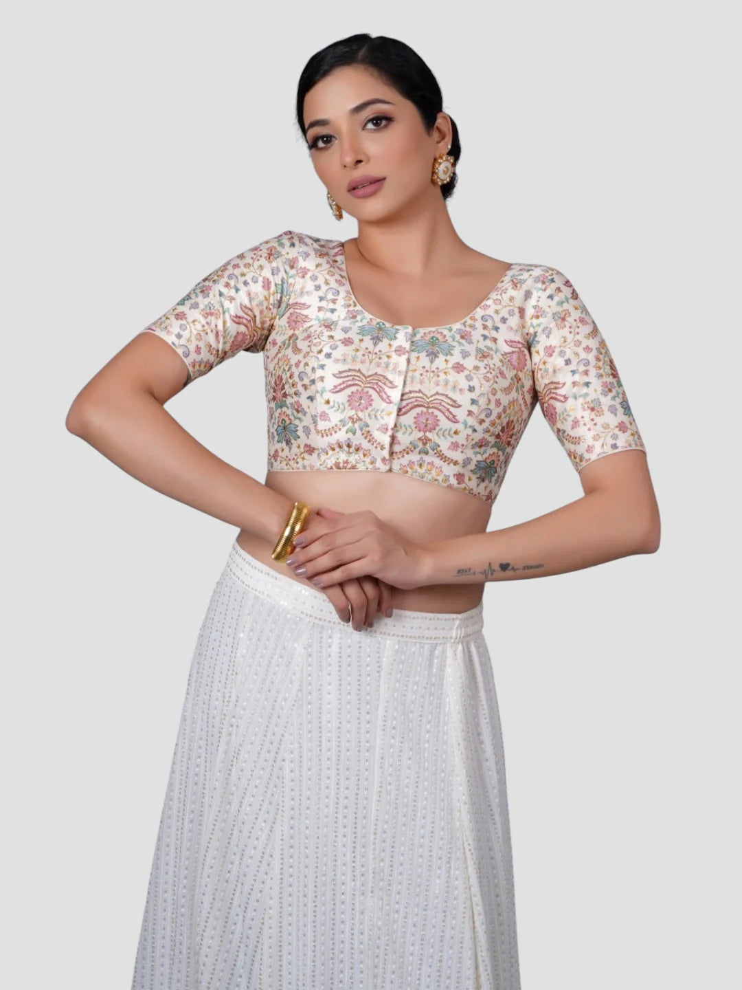 Cream Floral Printed Silk Round Neck Half Sleeves Readymade Blouse