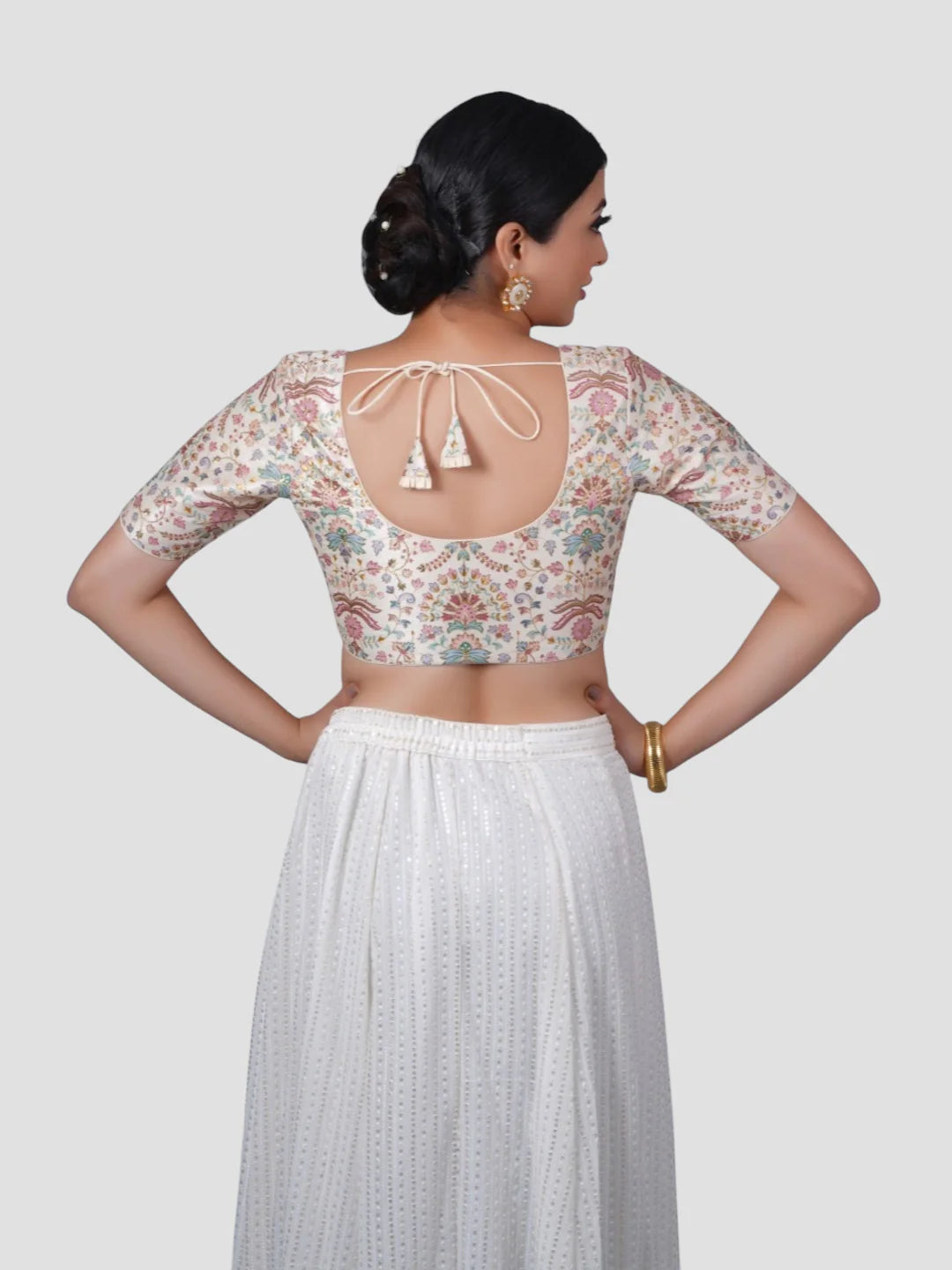 Cream Floral Printed Silk Round Neck Half Sleeves Readymade Blouse