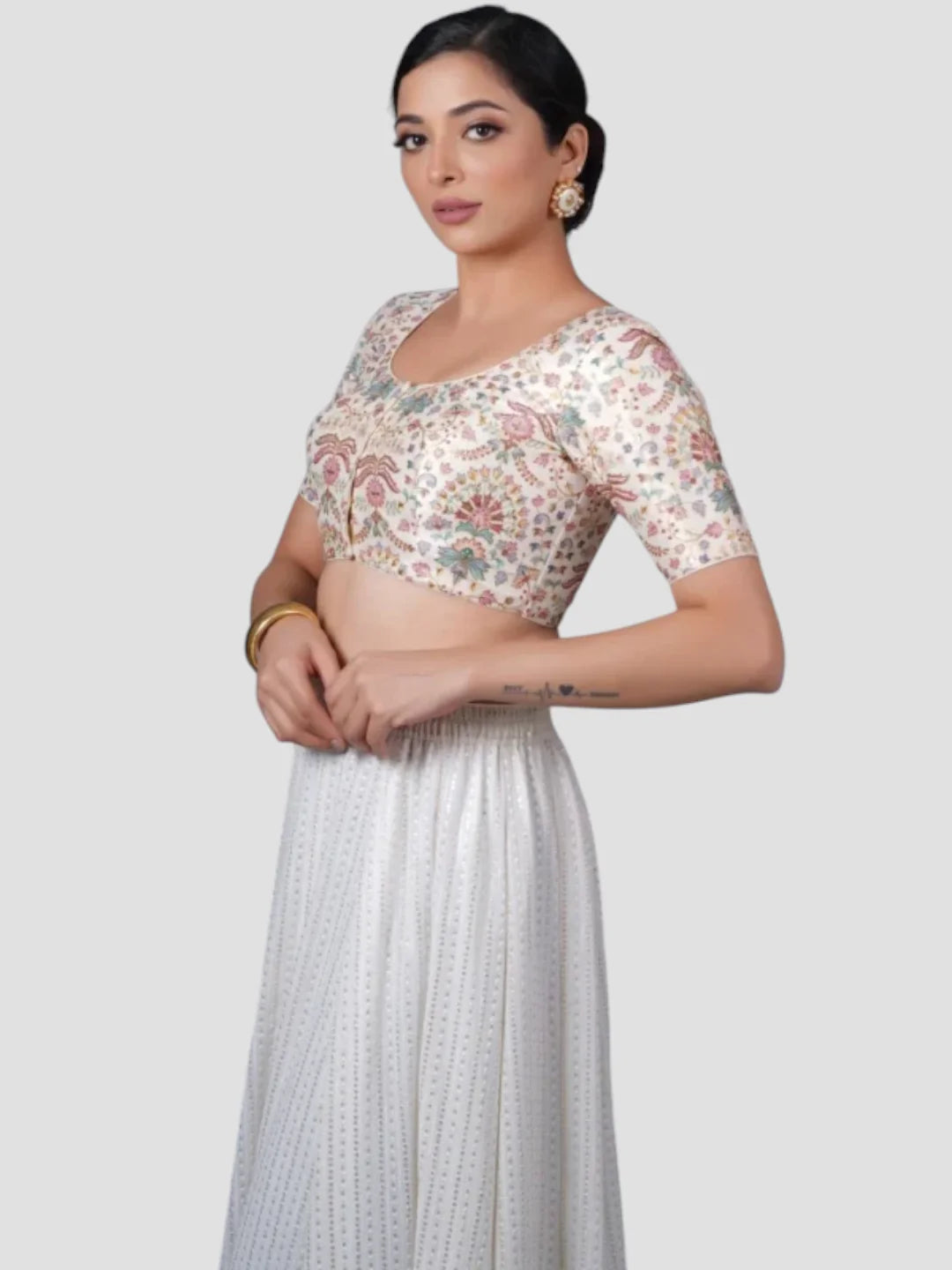 Cream Floral Printed Silk Round Neck Half Sleeves Readymade Blouse