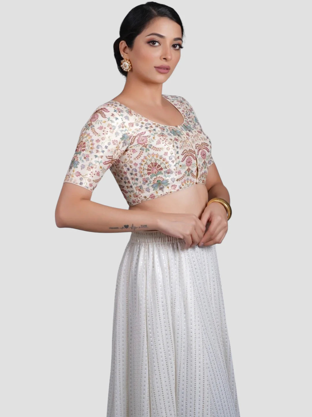 Cream Floral Printed Silk Round Neck Half Sleeves Readymade Blouse