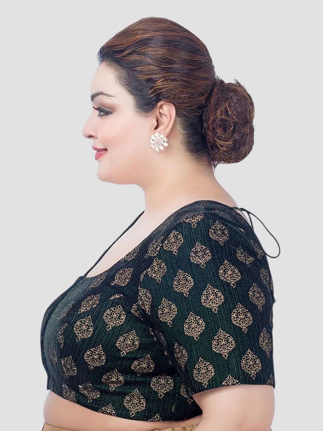 Green Velvet Round Neck Half Sleeves Readymade Blouse