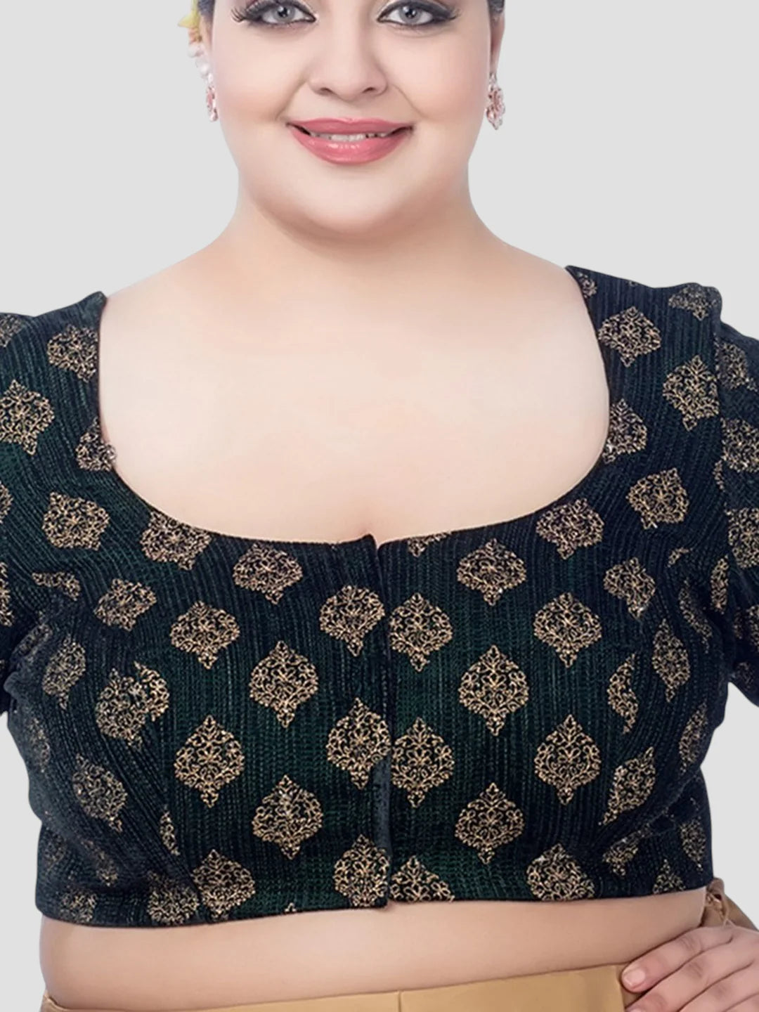 Green Velvet Round Neck Half Sleeves Readymade Blouse