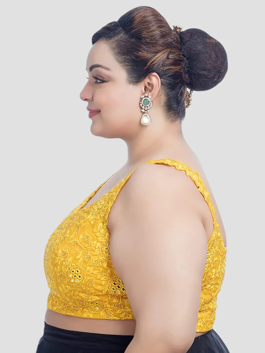 Yellow Net Round Neck Half Sleeves Readymade Blouse