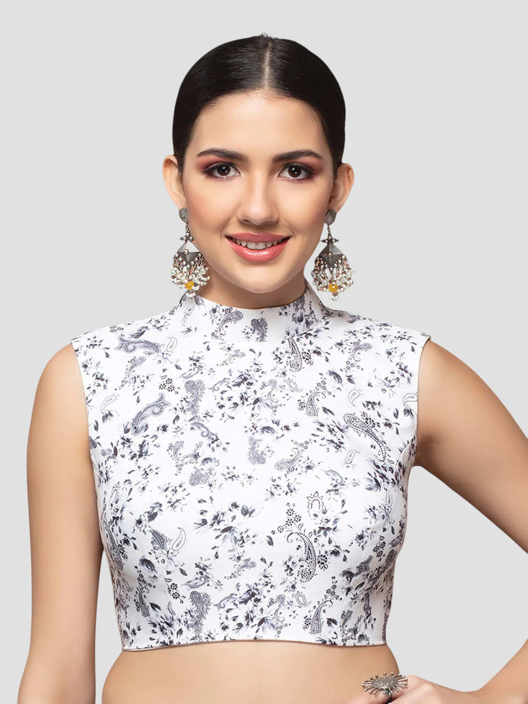 White Cotton High Neck Sleeveless Readymade Blouse