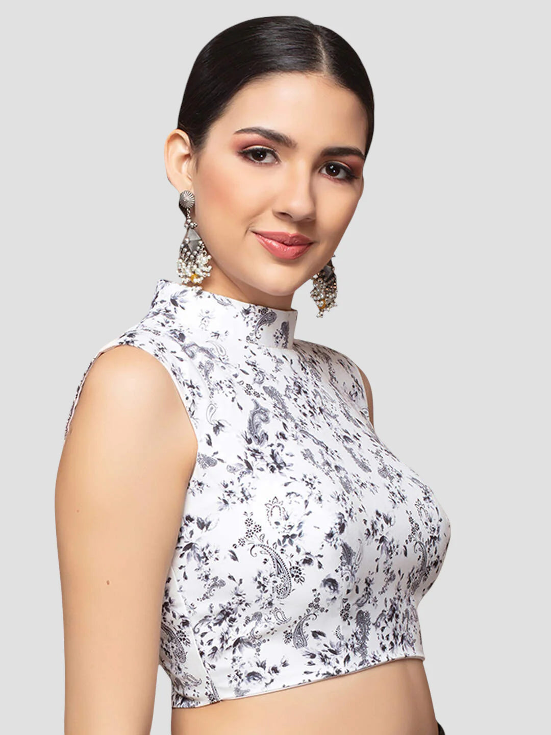 White Cotton High Neck Sleeveless Readymade Blouse