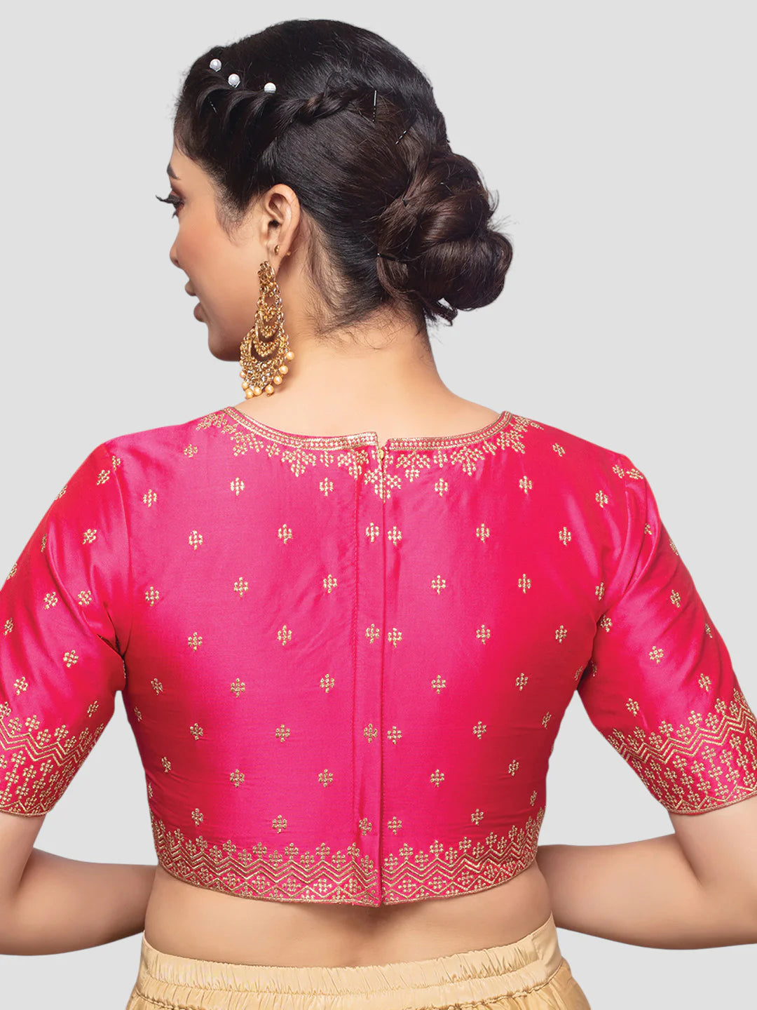 Rani Pink Silk Paan Neck Half Sleeves Readymade Blouse
