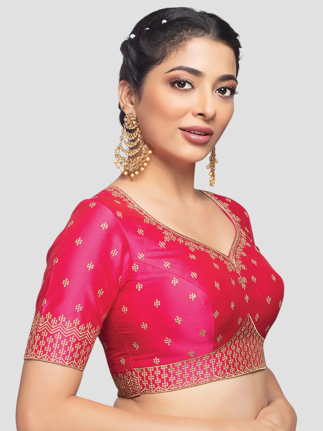 Rani Pink Silk Paan Neck Half Sleeves Readymade Blouse