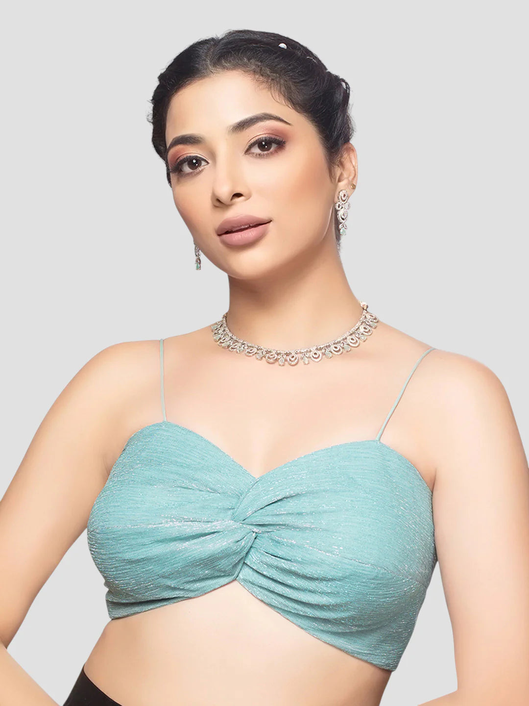 Sky Blue Crush Tissue Deep Neck Sleeveless Readymade Blouse