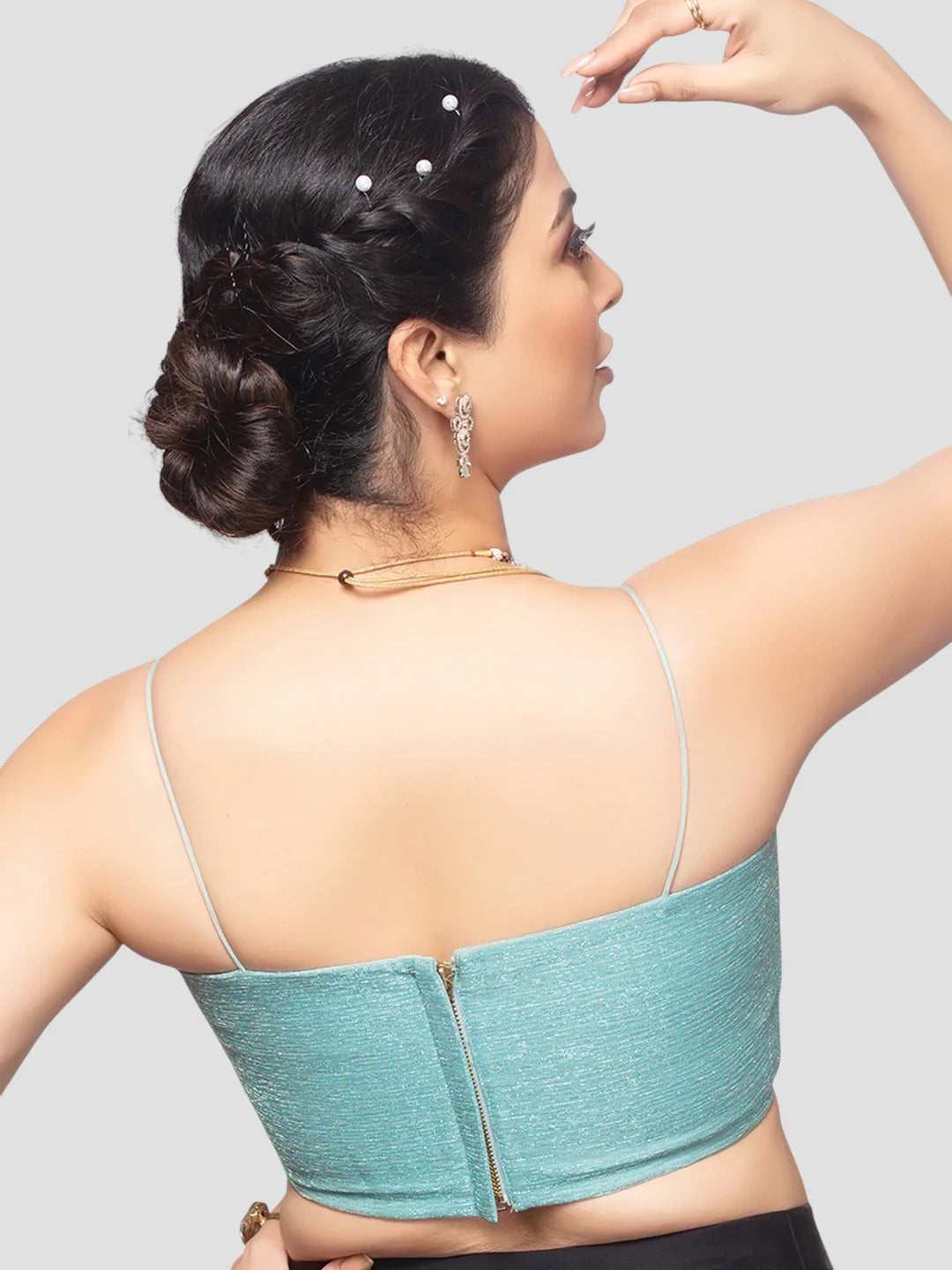 Sky Blue Crush Tissue Deep Neck Sleeveless Readymade Blouse