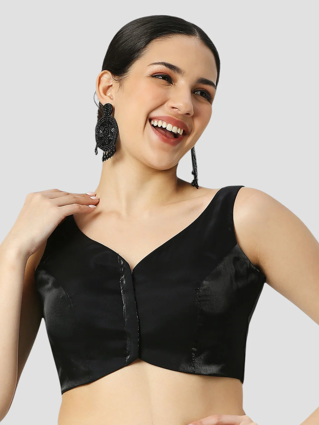 Black Tissue V Neck Sleeveless Readymade Blouse