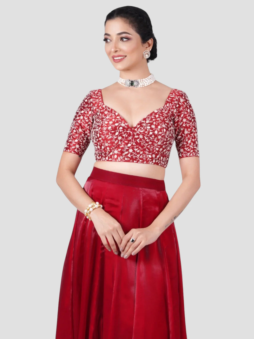 Maroon Silk Deep Neck Half Sleeves Readymade Blouse