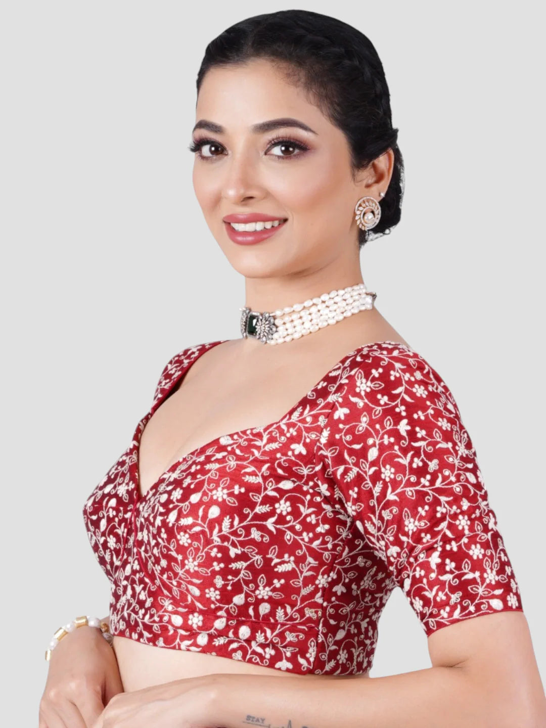 Maroon Silk Deep Neck Half Sleeves Readymade Blouse