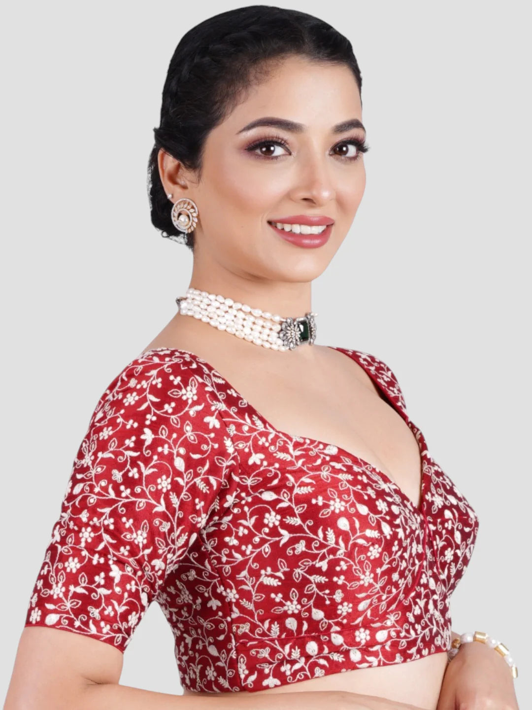 Maroon Silk Deep Neck Half Sleeves Readymade Blouse