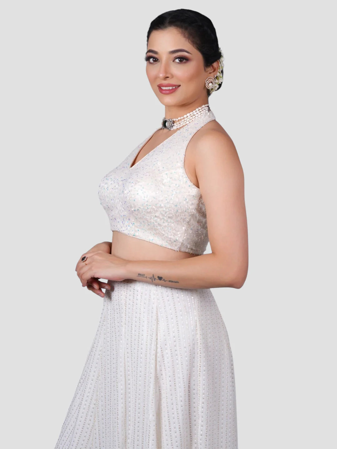 White Halter Neck Sleeveless Readymade Blouse