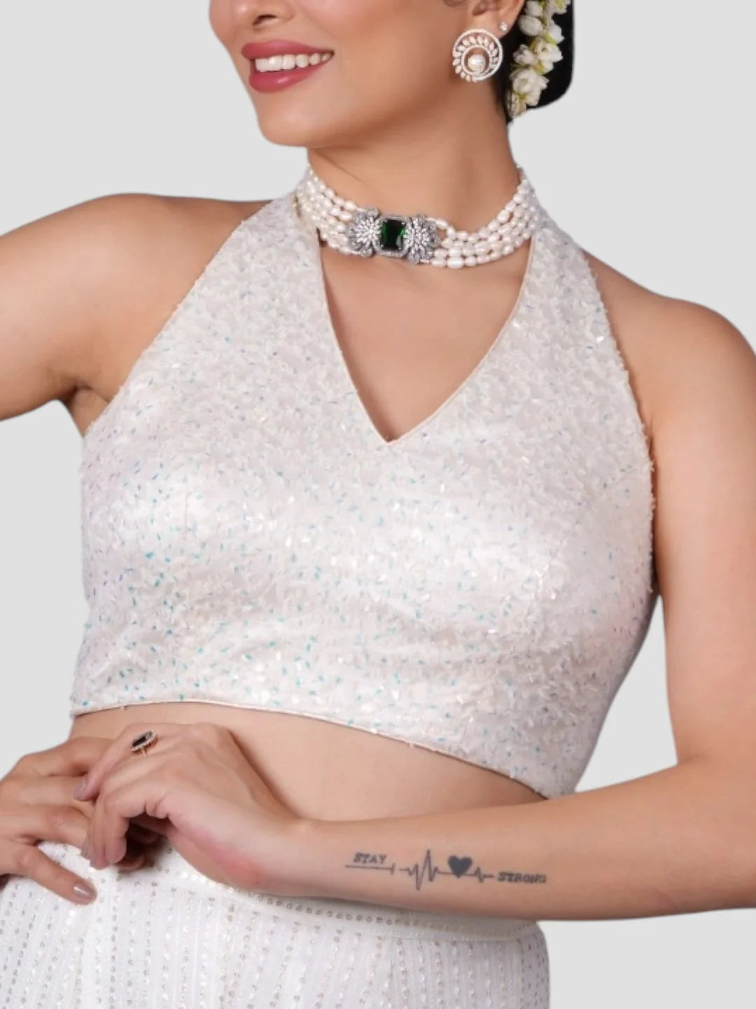 White Halter Neck Sleeveless Readymade Blouse