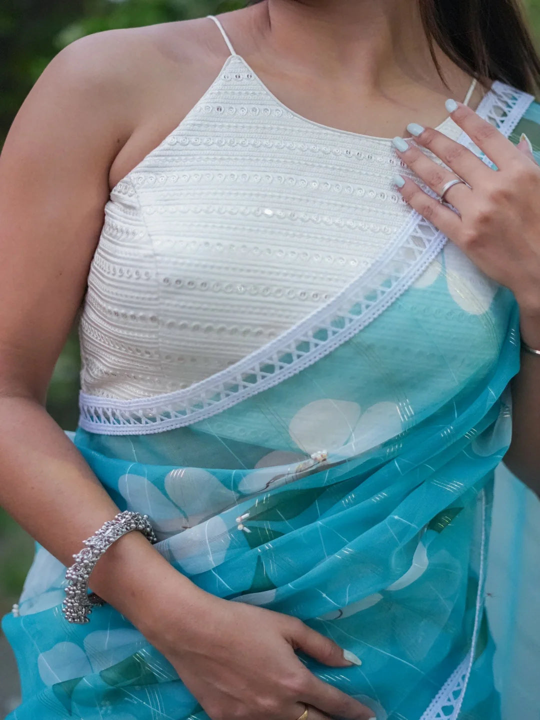 White Cotton High Neck Sleeveless Readymade Blouse