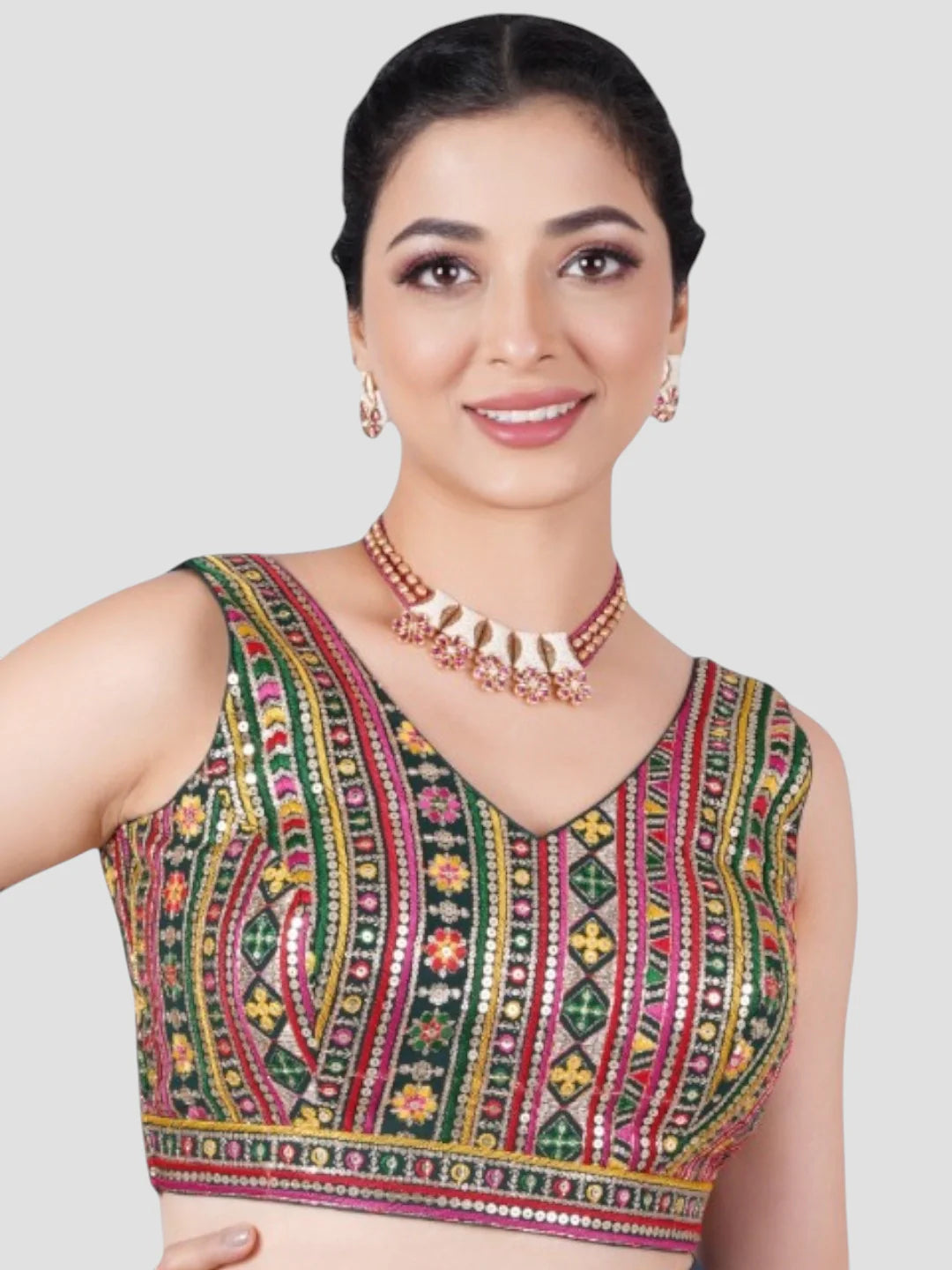 Multicolor Sequence Threadwork Georgette Sleeveless Readymade Saree Blouse