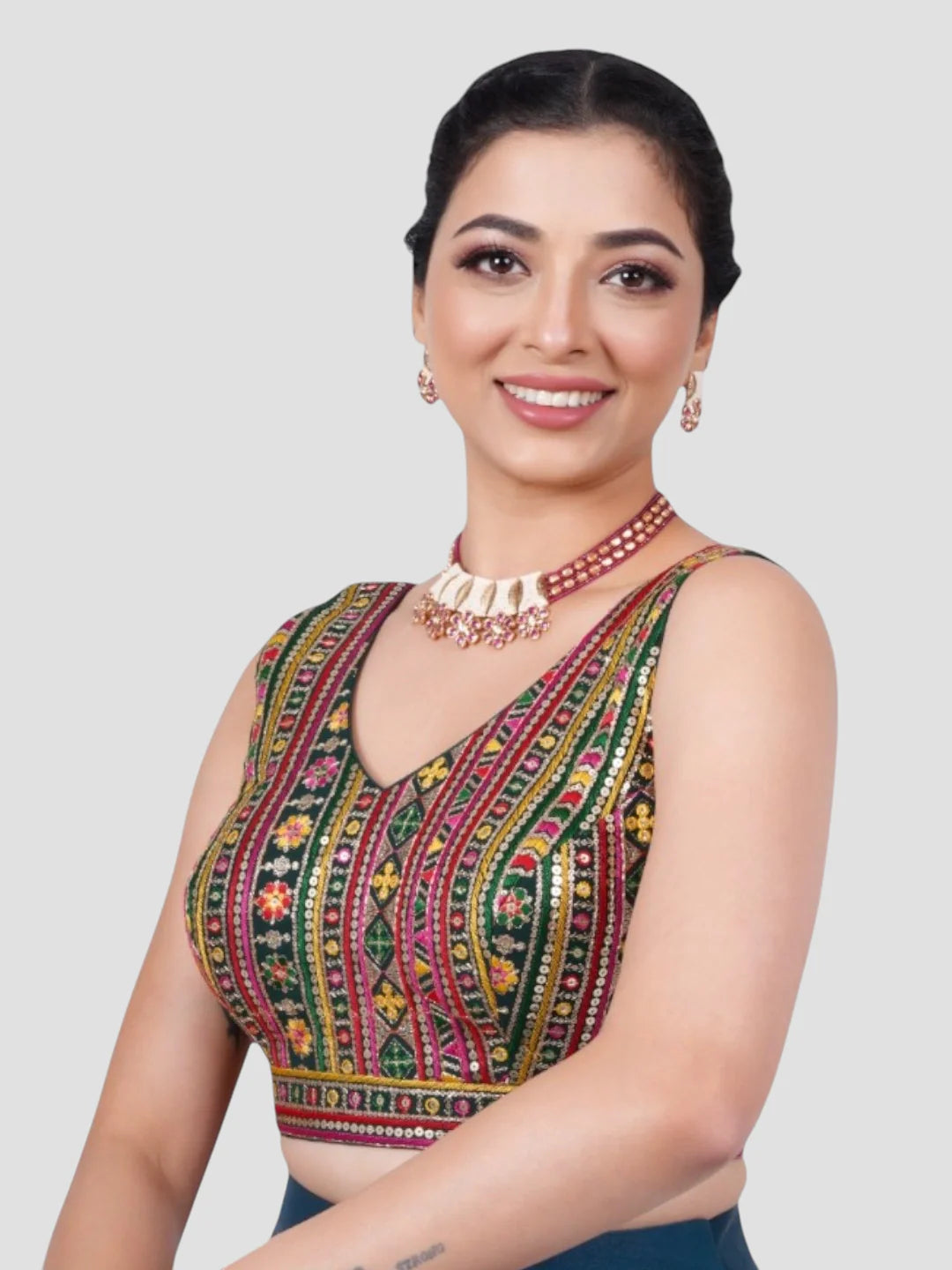 Multicolor Sequence Threadwork Georgette Sleeveless Readymade Saree Blouse