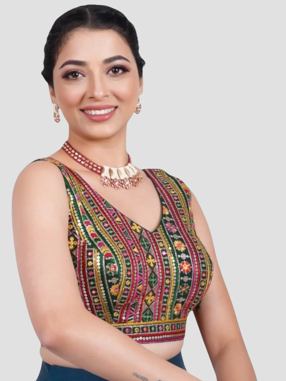 Multicolor Sequence Threadwork Georgette Sleeveless Readymade Saree Blouse