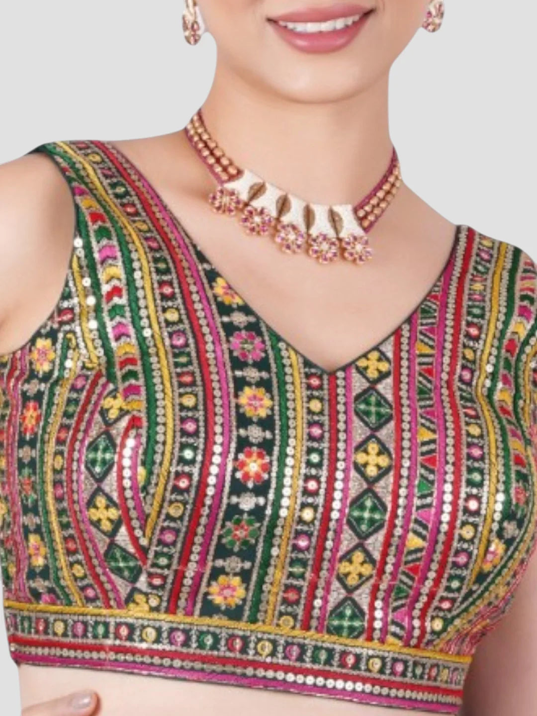 Multicolor Sequence Threadwork Georgette Sleeveless Readymade Saree Blouse