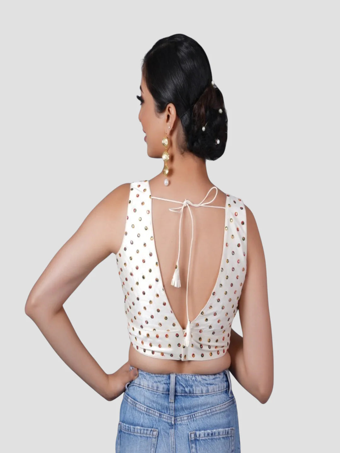 White Silk Deep Neck Sleeveless Readymade Blouse