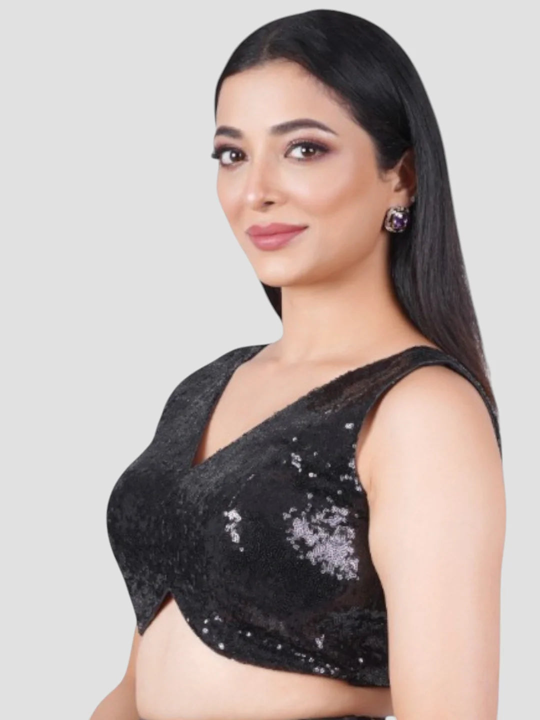 Black Sequence V Neck Sleeveless Readymade Blouse