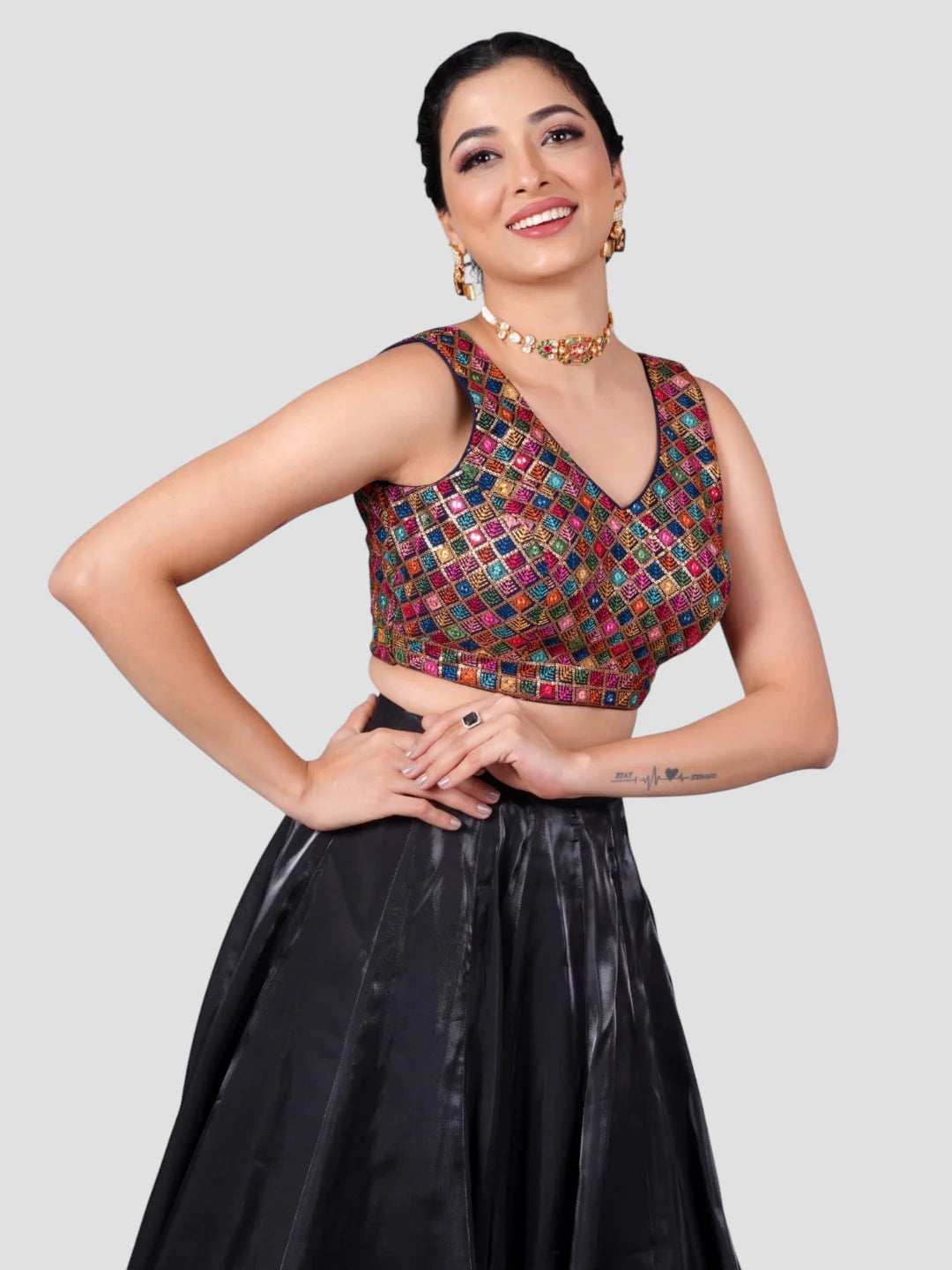 Multicolor Threadwork Sleeveless V Neck Readymade Saree Blouse