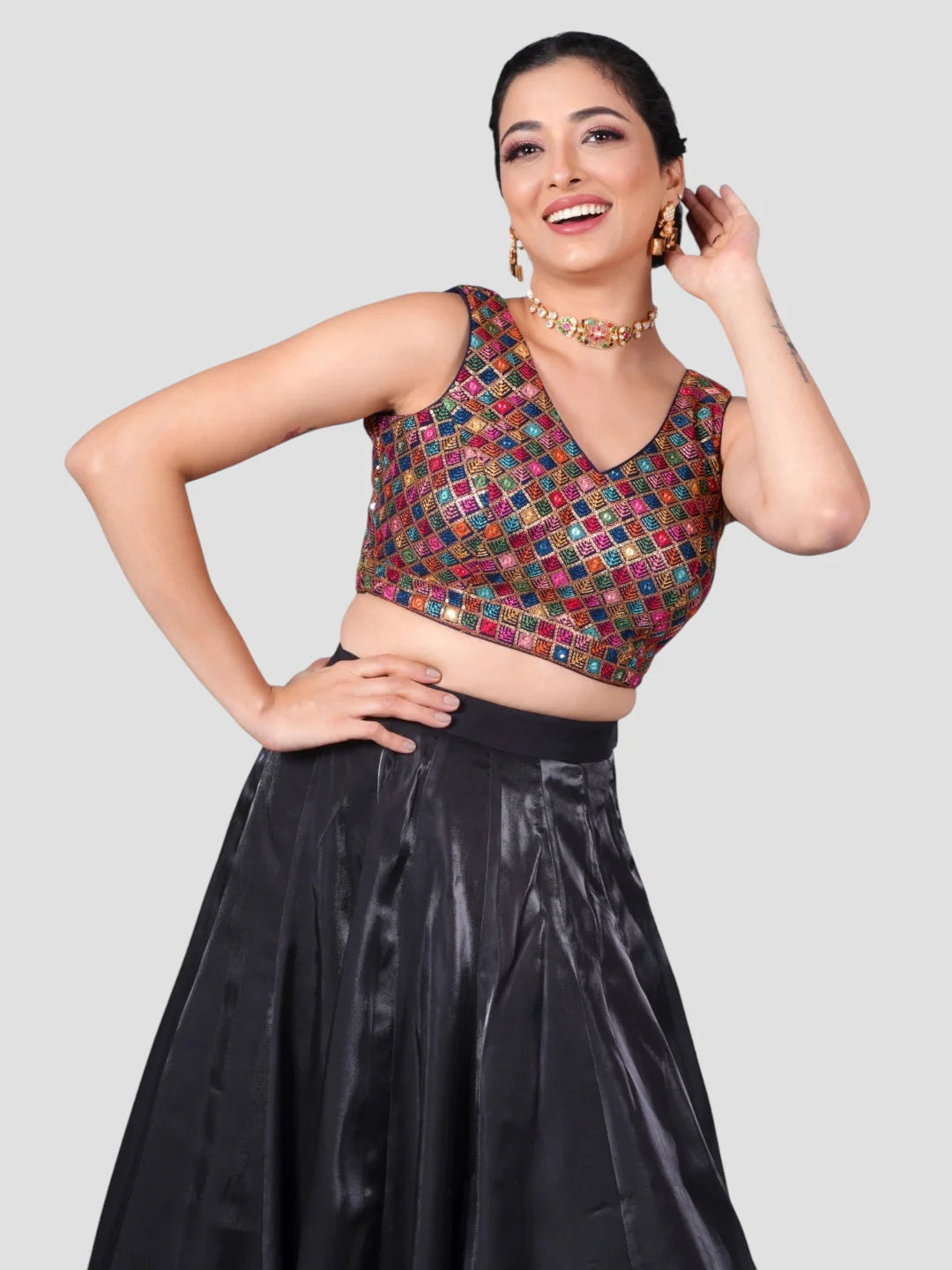 Multicolor Threadwork Sleeveless V Neck Readymade Saree Blouse