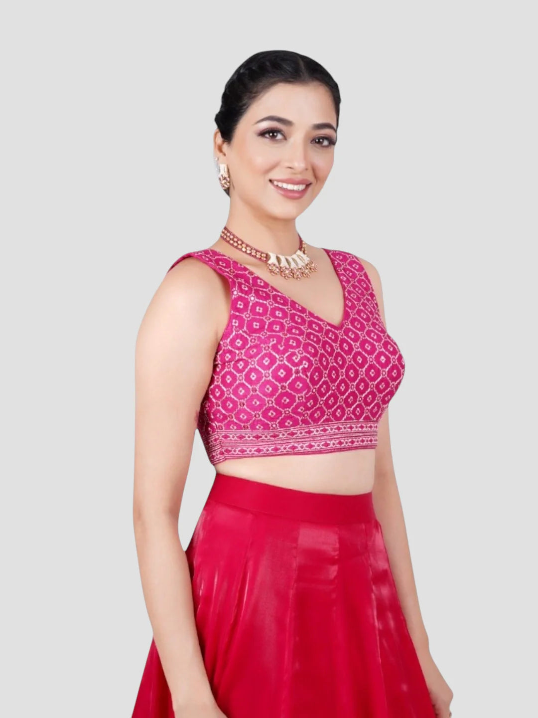 Rani Pink Mirror Work V Neck Sleeveless Readymade Saree Blouse