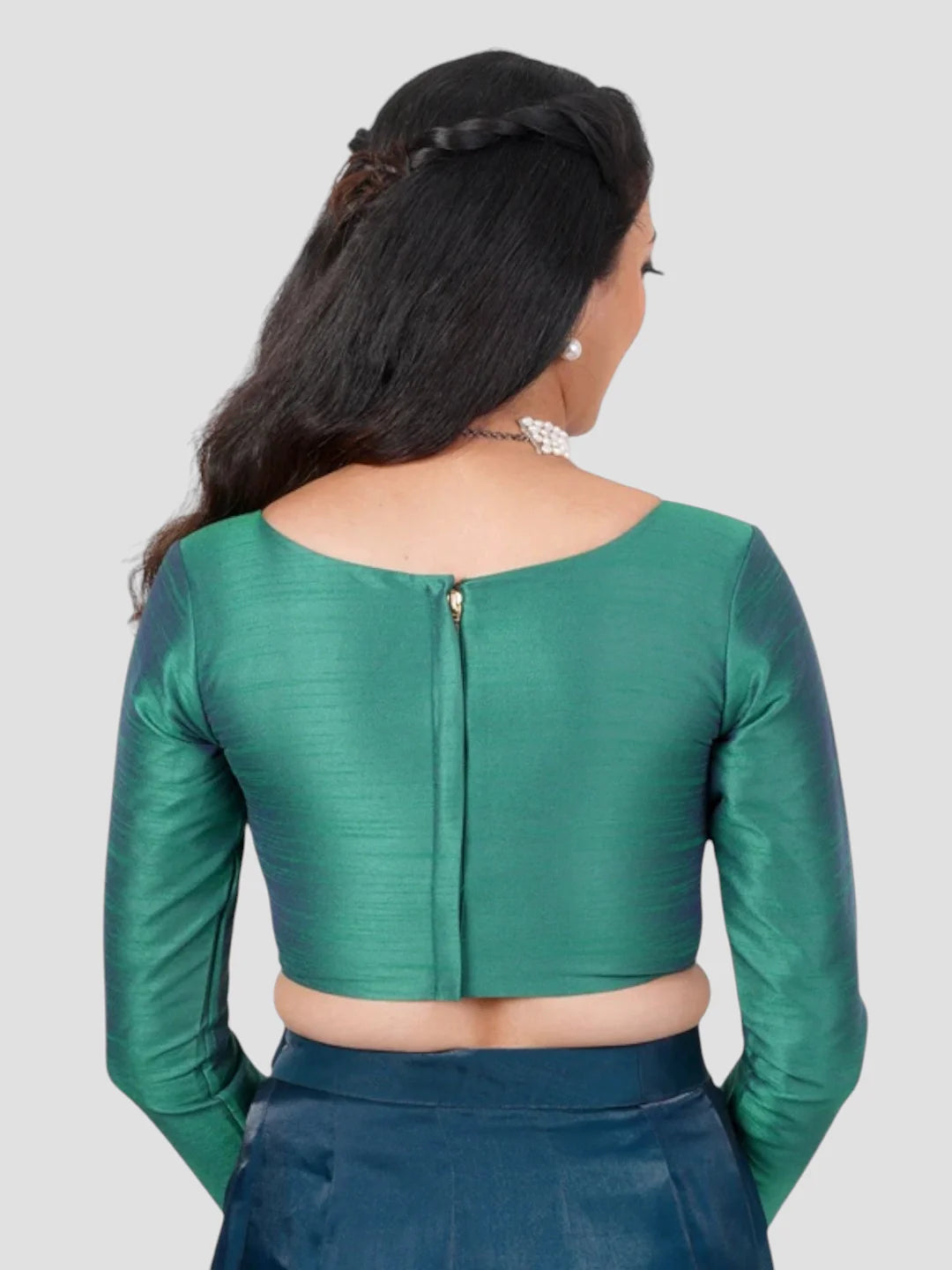Green Silk V Neck Full Sleeves Readymade Blouse