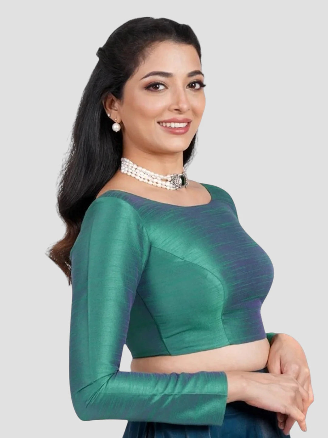 Green Silk V Neck Full Sleeves Readymade Blouse