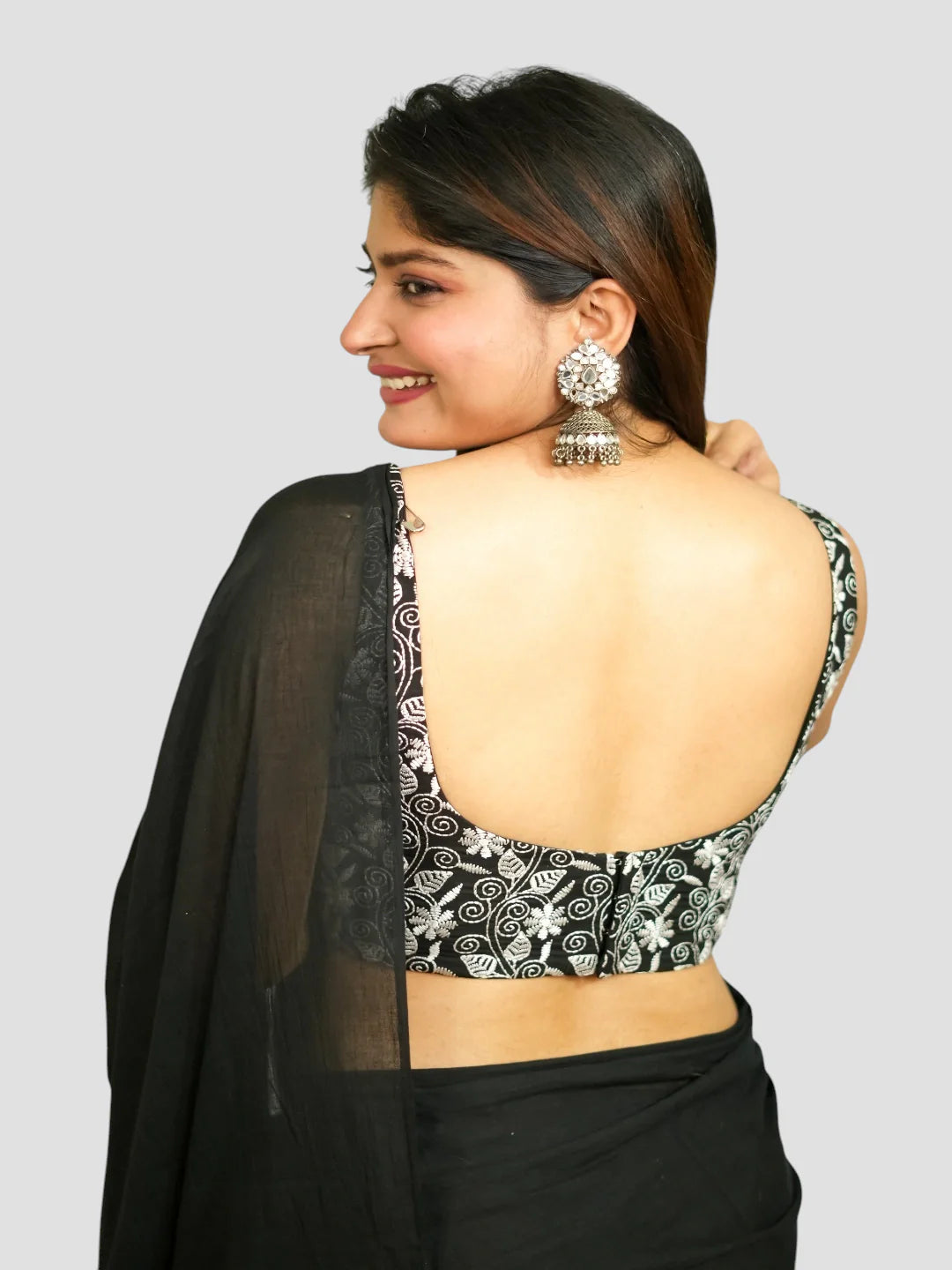 Black Cotton Deep Neck Sleeveless Readymade Blouse