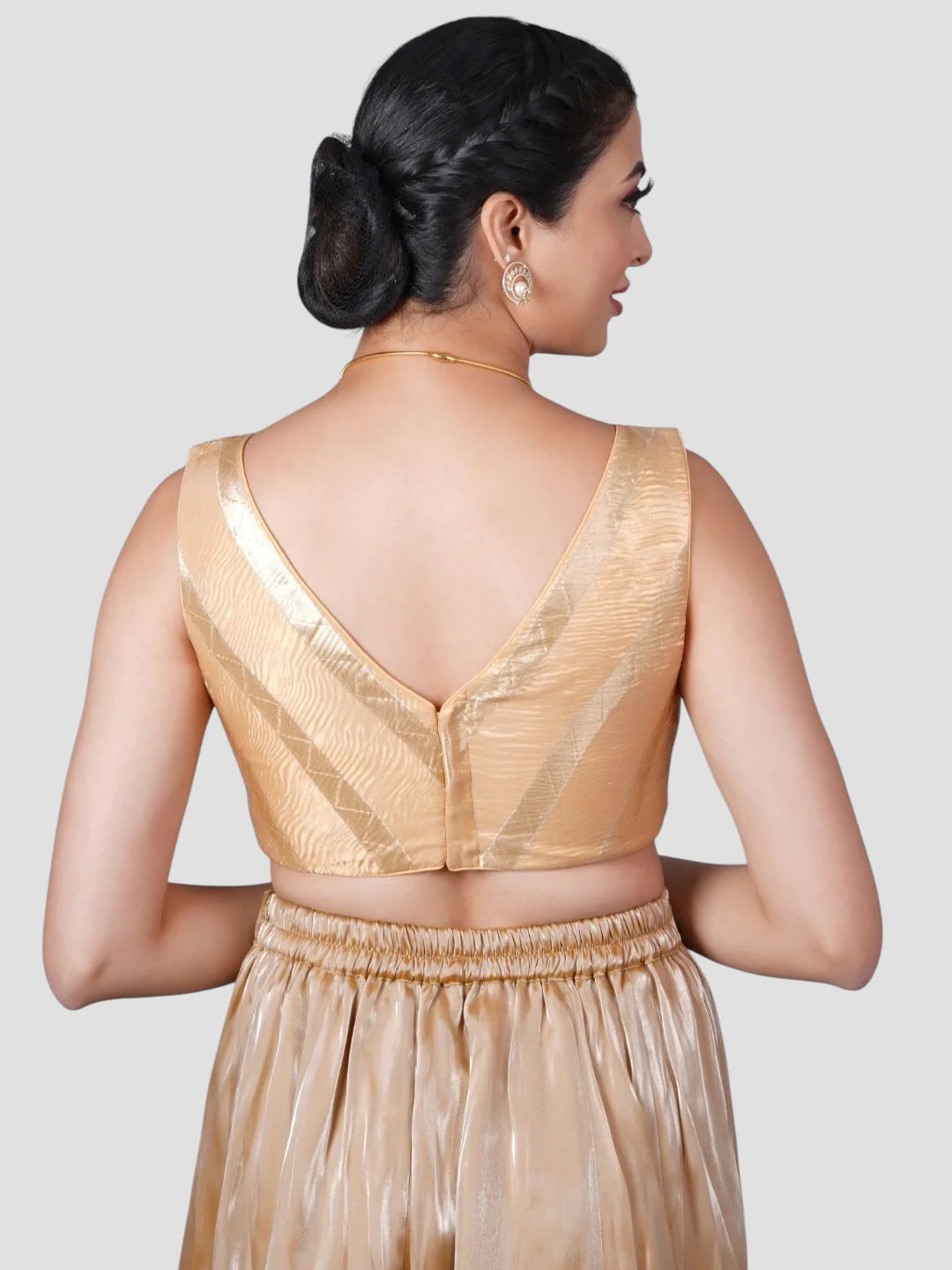 Gold V Neck Sleeveless Readymade Saree Blouse