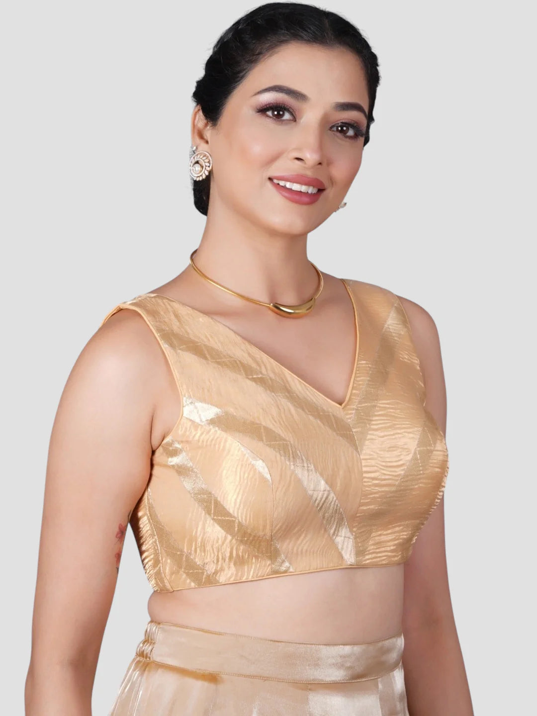 Gold V Neck Sleeveless Readymade Saree Blouse