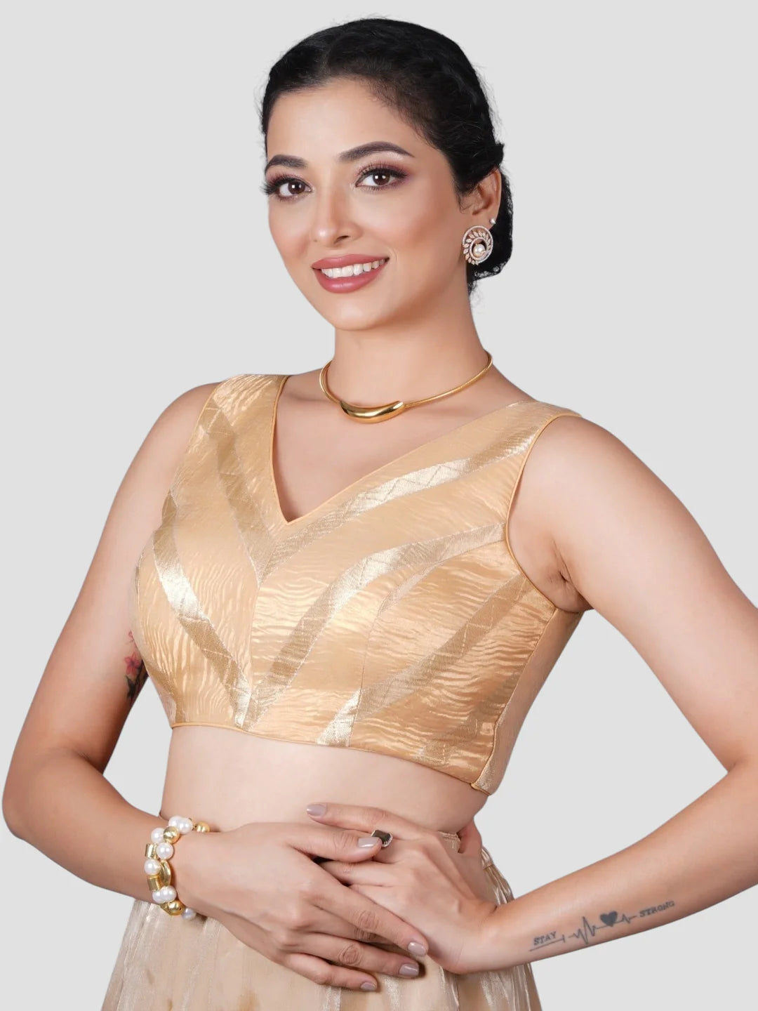 Gold V Neck Sleeveless Readymade Saree Blouse