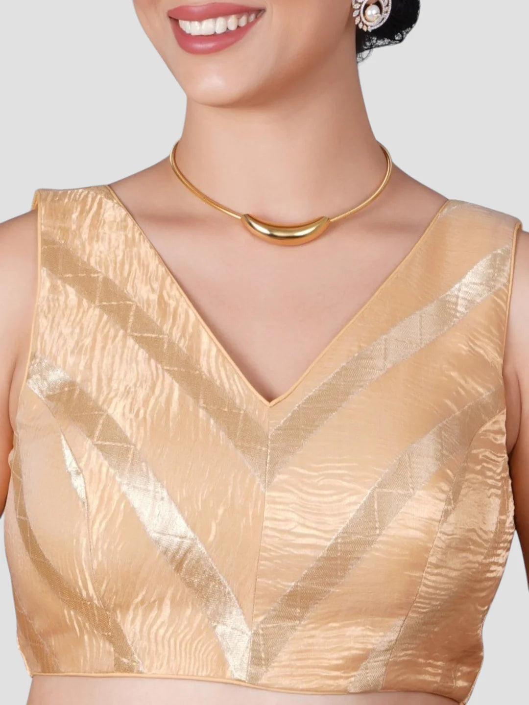 Gold V Neck Sleeveless Readymade Saree Blouse