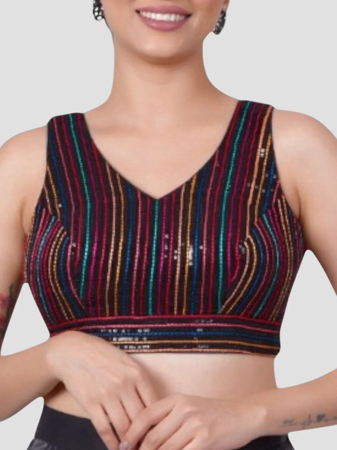 Black Sequence Threadwork Sleeveless V Neck Readymade Saree Blouse