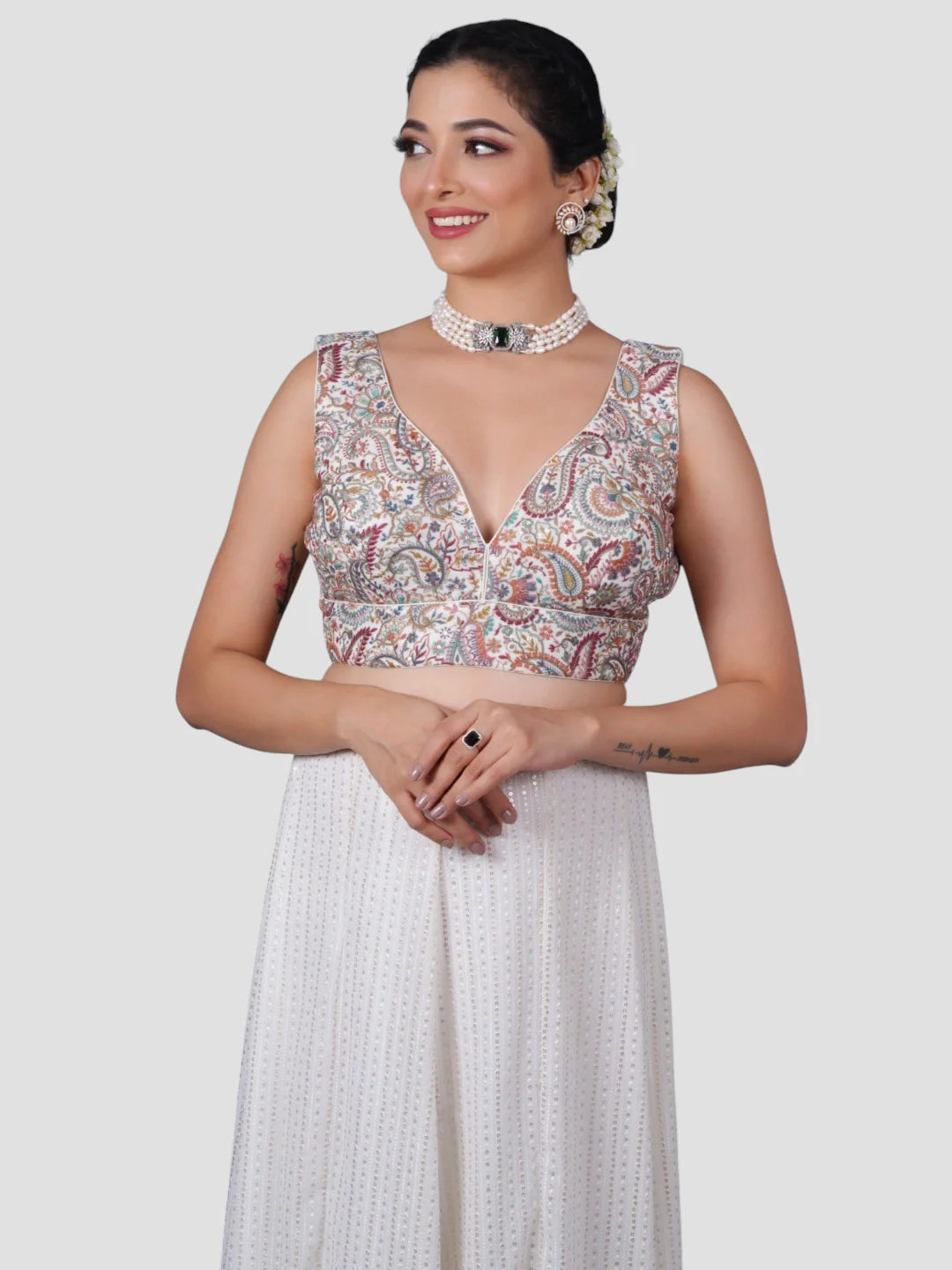 Multicolor Threadwork Deep Neck Sleeveless Readymade Saree Blouse