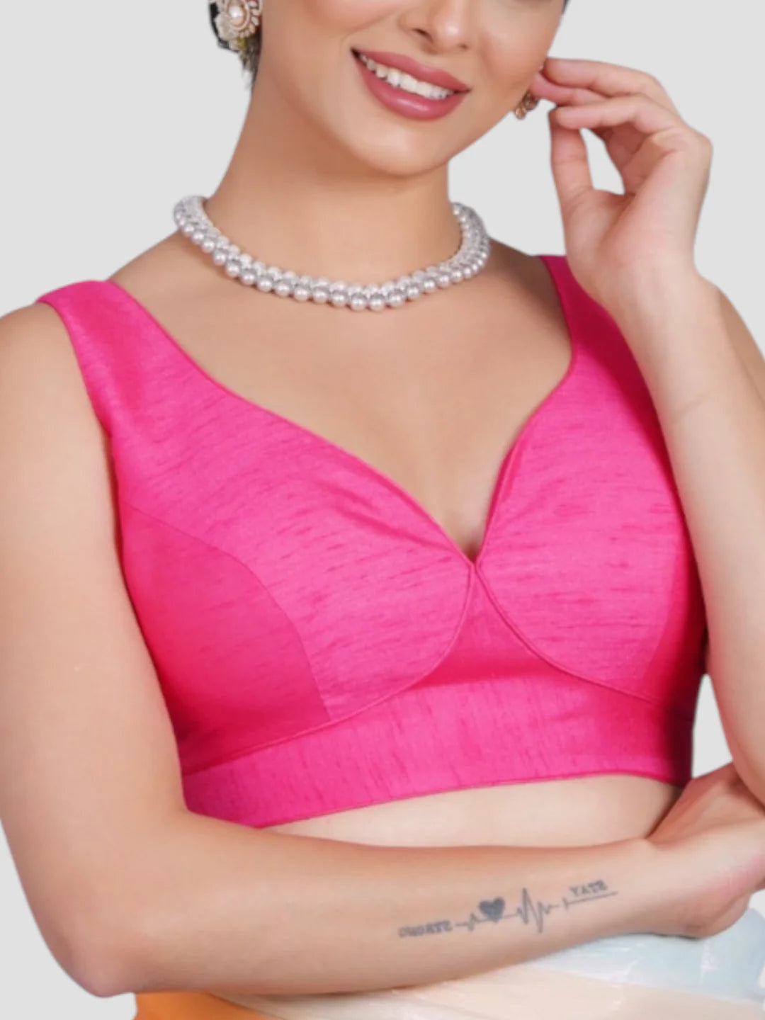 Pink Plain Sleeveless Readymade Saree Blouse
