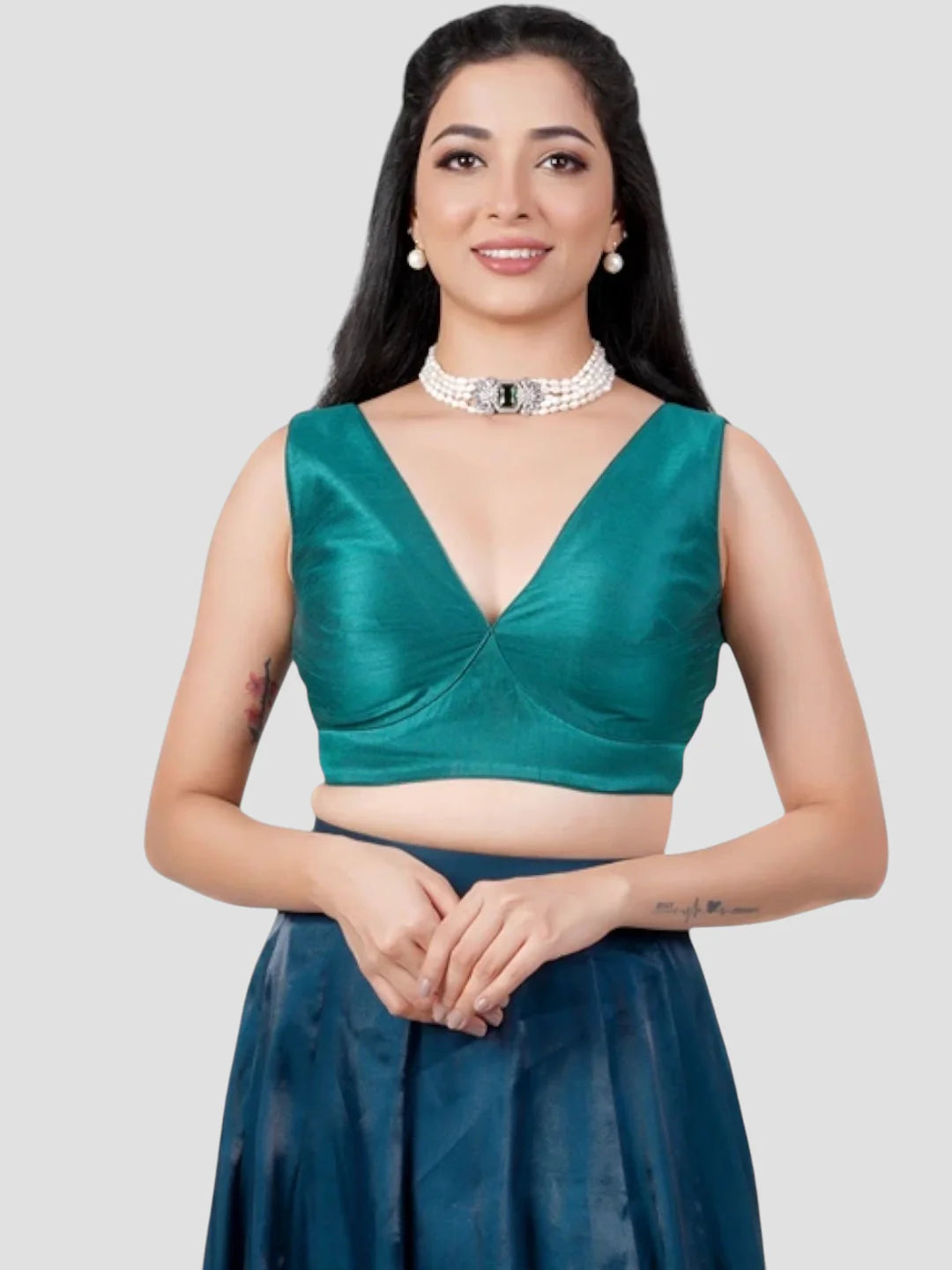 Green Silk V Neck Sleeveless Readymade Blouse