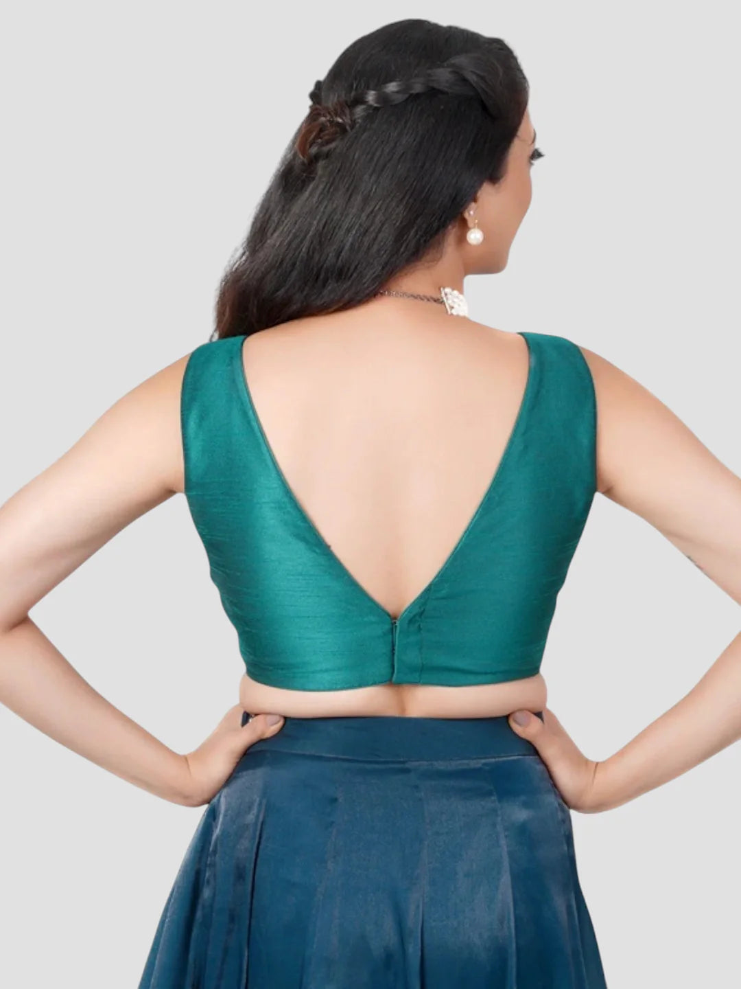 Green Silk V Neck Sleeveless Readymade Blouse