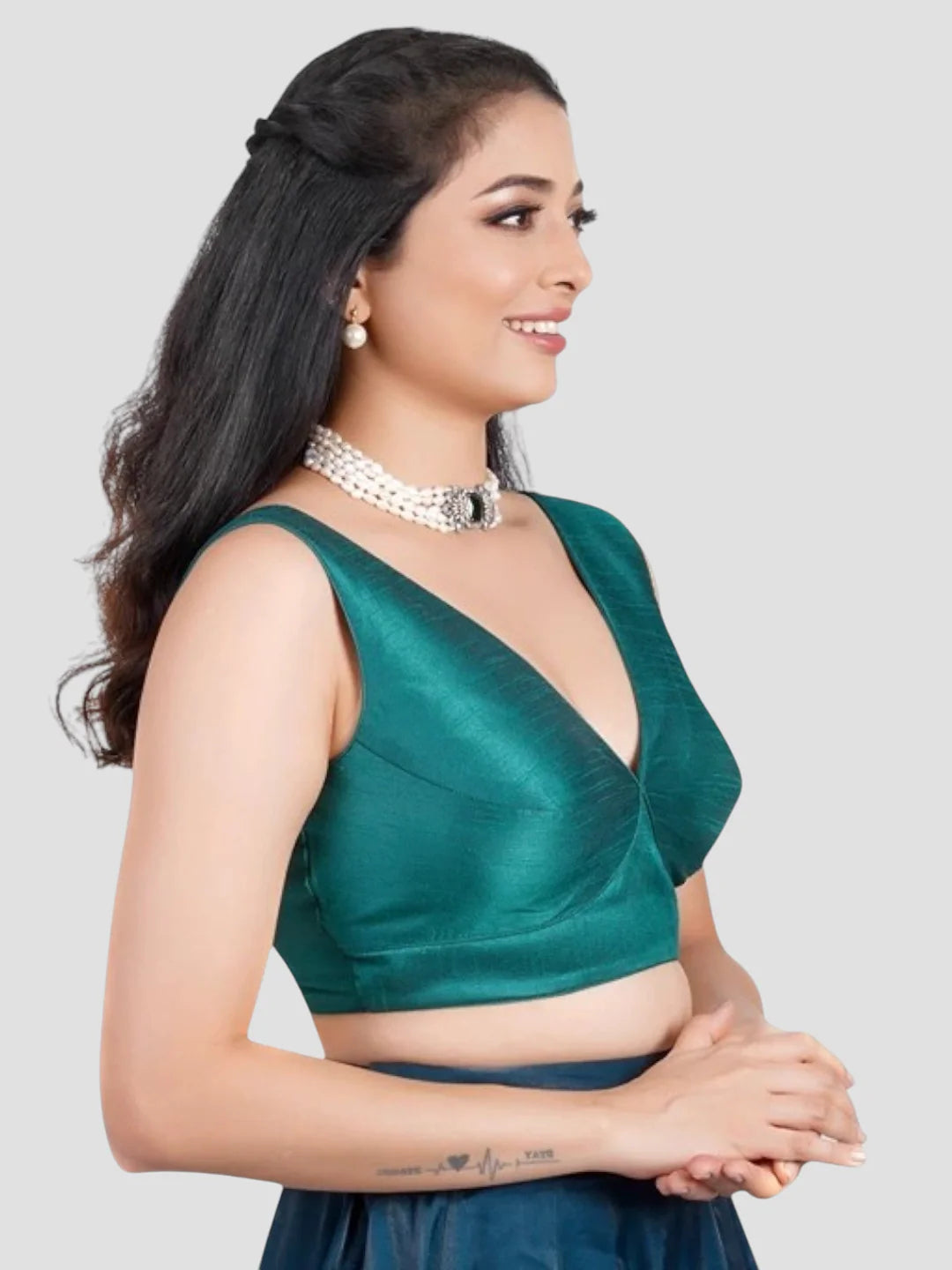 Green Silk V Neck Sleeveless Readymade Blouse