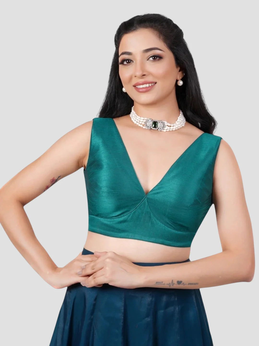 Green Silk V Neck Sleeveless Readymade Blouse
