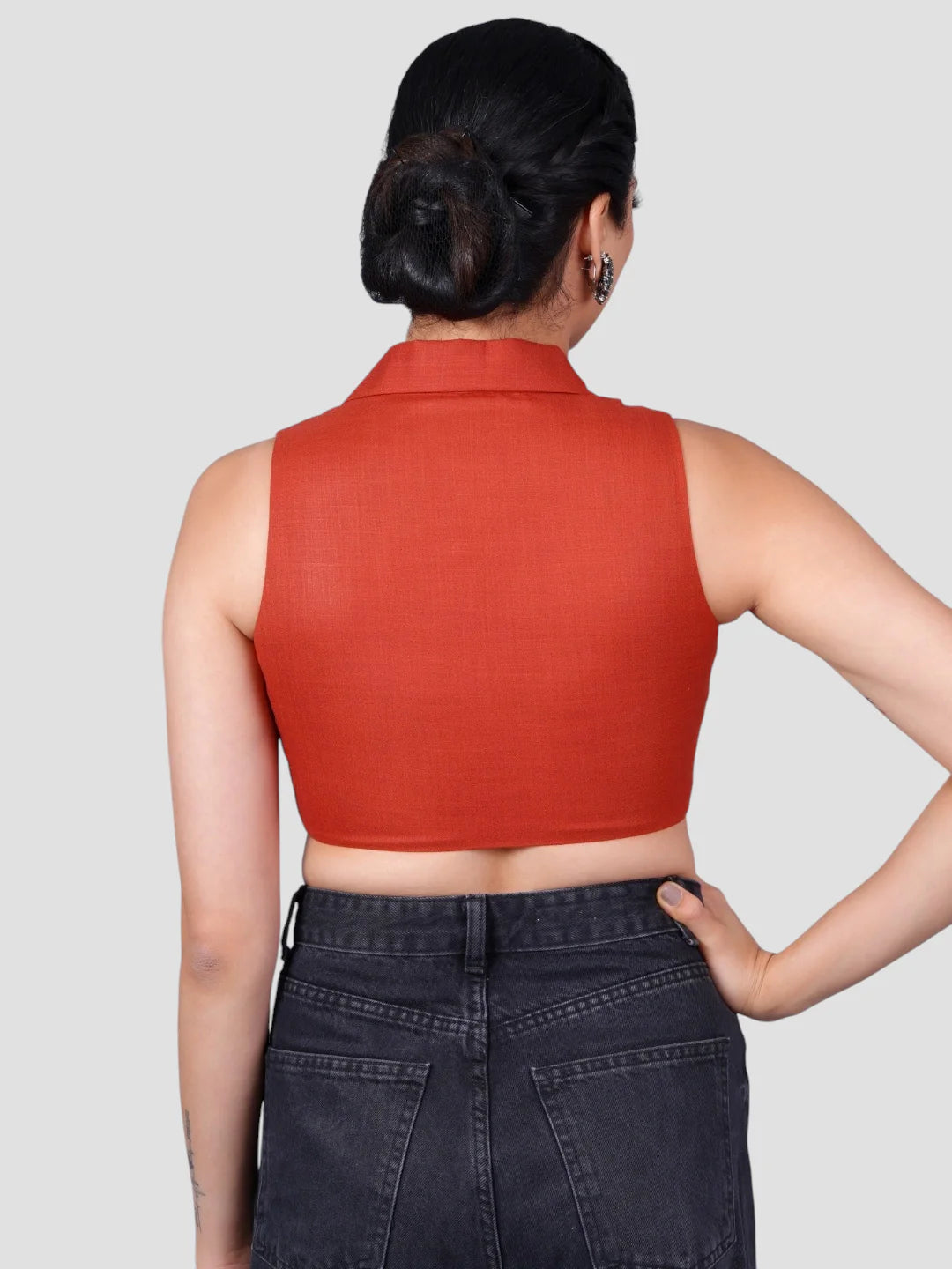 Rust Plain Collar Neck Sleeveless Readymade Blouse