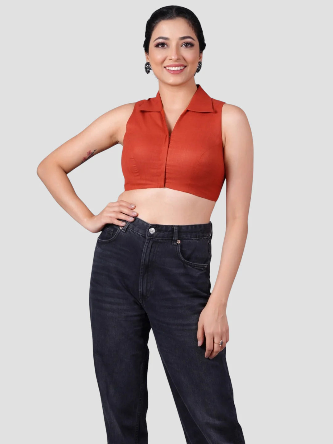 Rust Plain Collar Neck Sleeveless Readymade Blouse