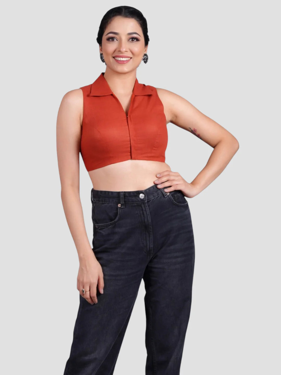Rust Plain Collar Neck Sleeveless Readymade Blouse