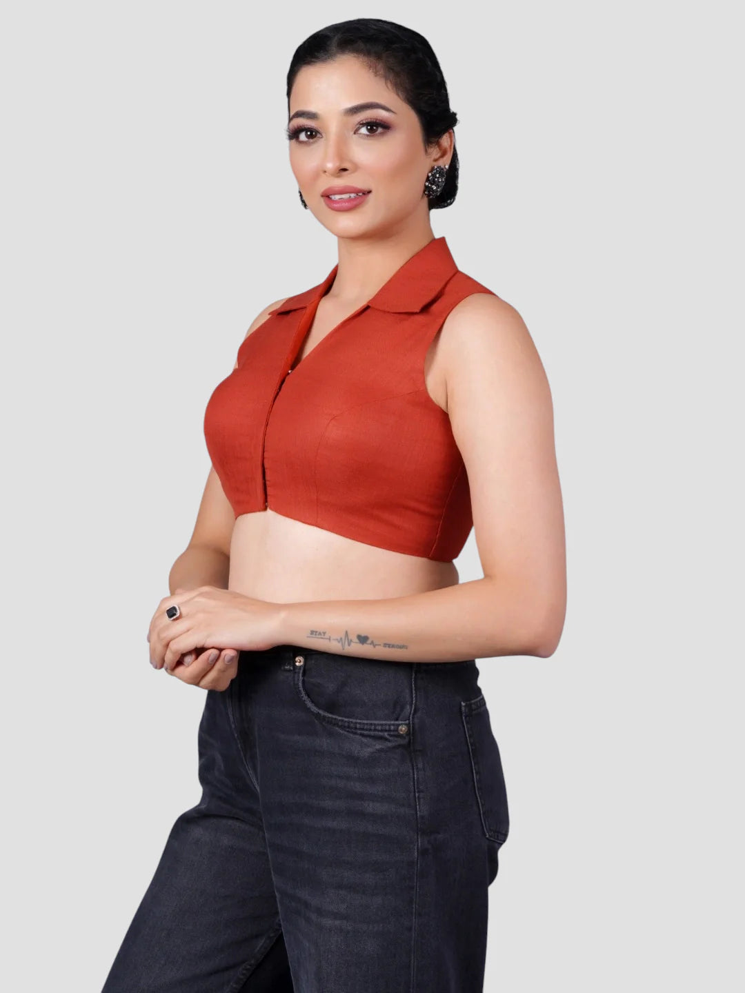 Rust Plain Collar Neck Sleeveless Readymade Blouse